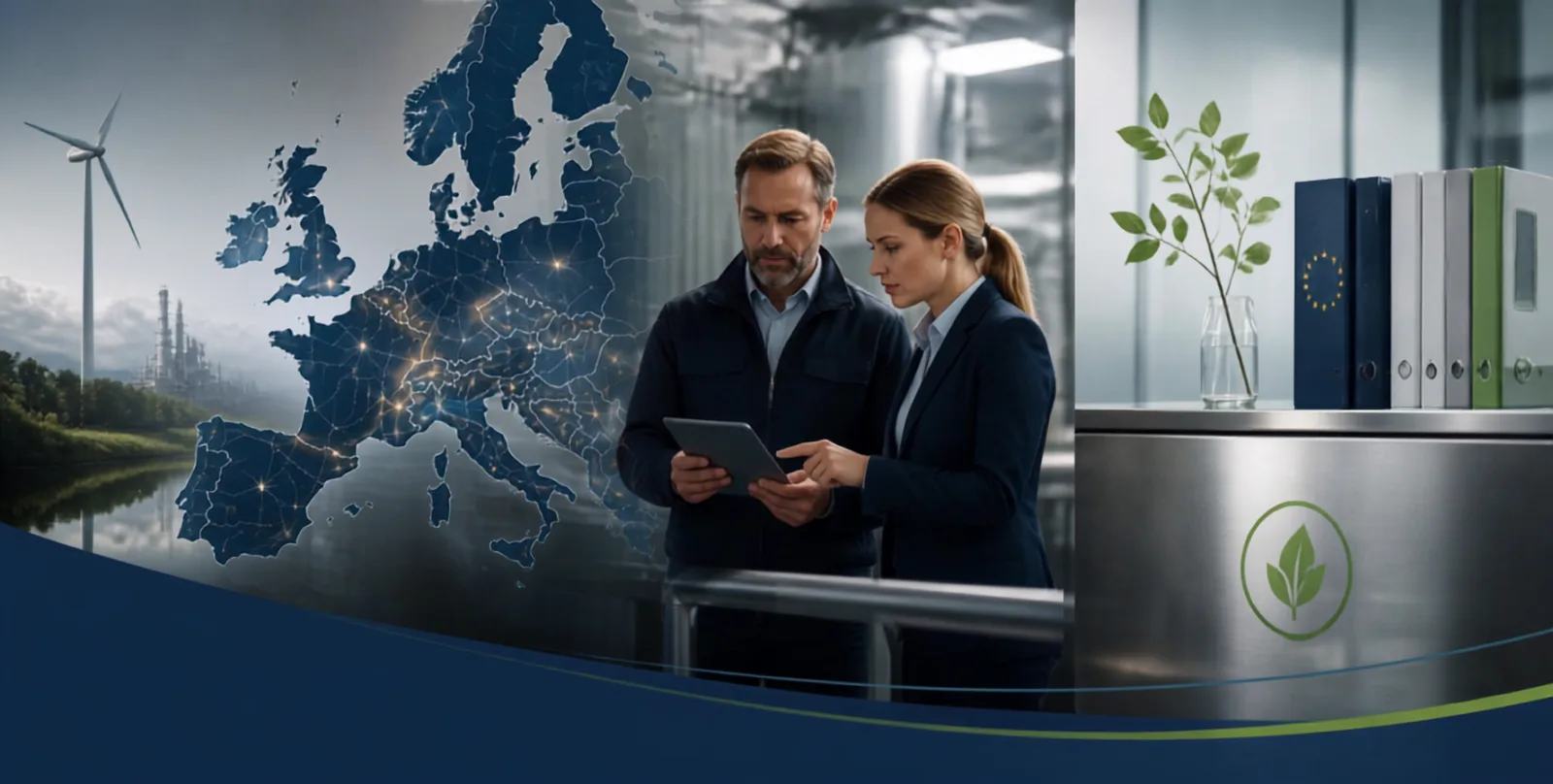 Compliance team reviewing the European network with EU regulation binders on file.