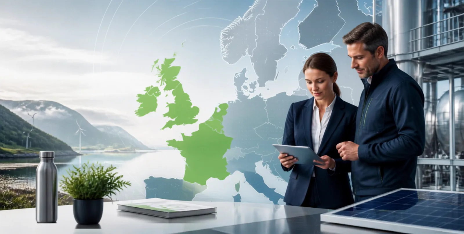 Advisors reviewing UK and EU market obligations against a European coverage map.