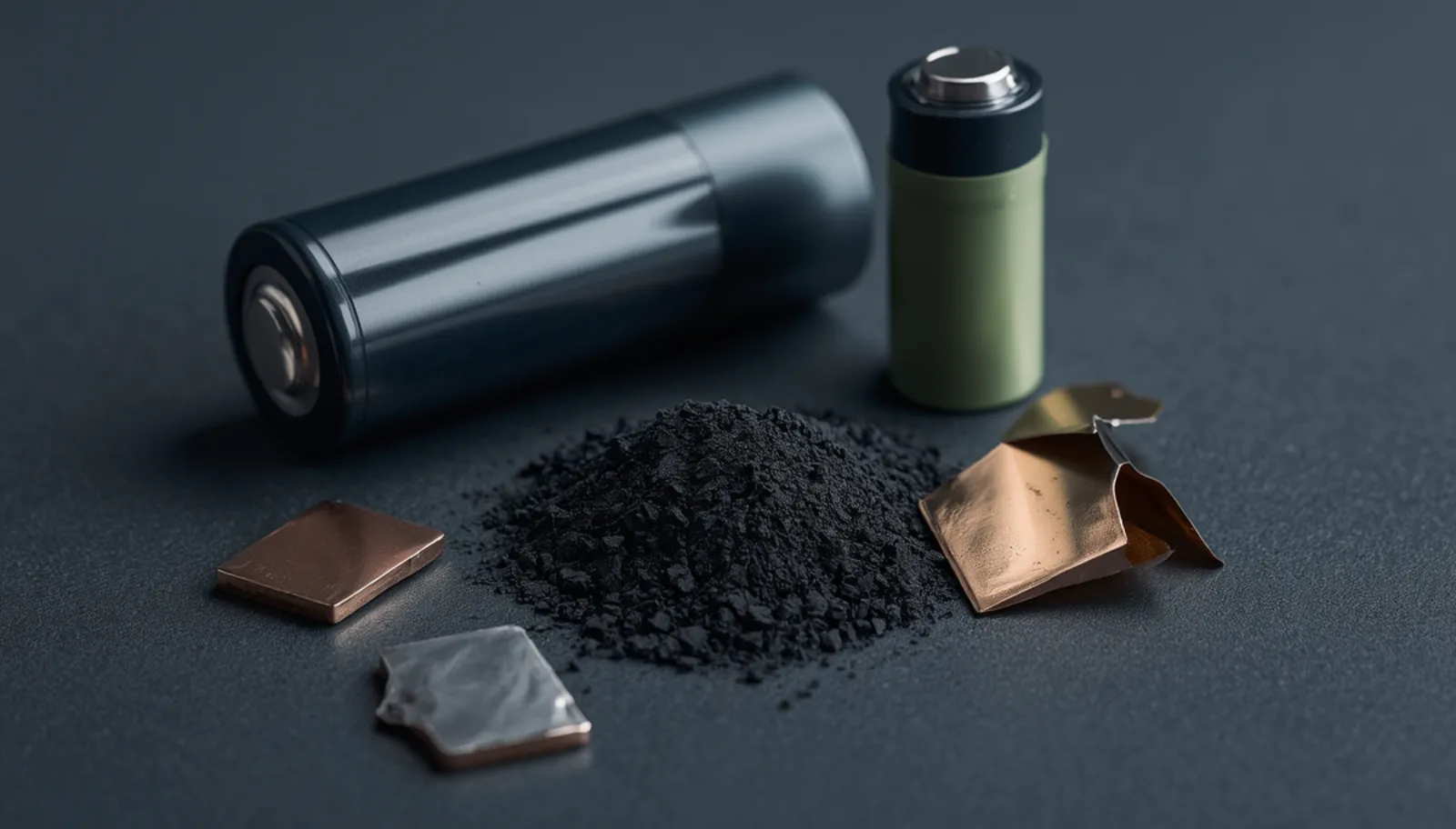 Macro study: lithium-ion cells, black mass and recovered copper and aluminium foils.