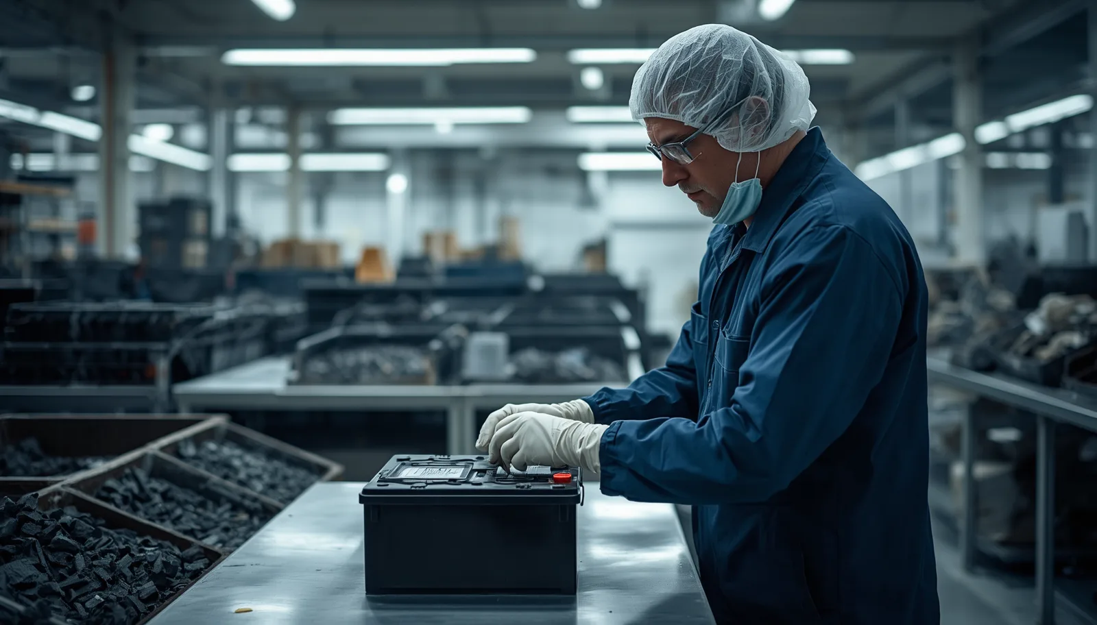 Technician in PPE inspecting an intake battery unit on the facility line.