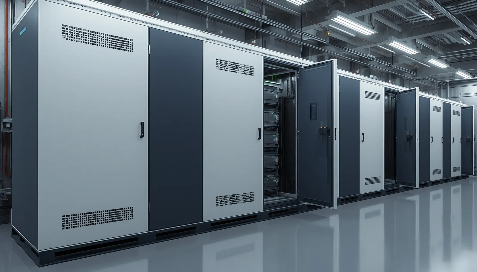 Rows of engineered battery storage and processing cabinets on a clean facility floor.