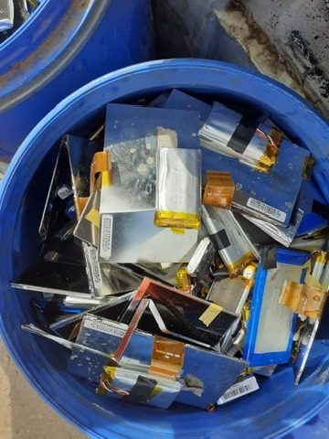 Lithium-ion cells in a collection drum.