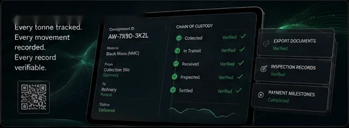 Chain-of-custody dashboard: consignment record with collected, in transit, received, inspected and settled steps verified.