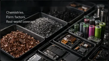 Sample trays of battery chemistries and form factors — cells, modules, black mass and recovered fractions.