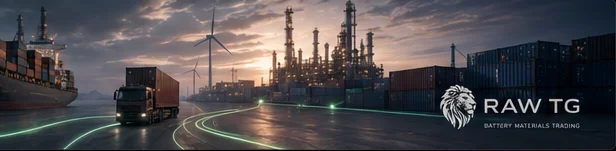 Ship, truck and refinery at dusk with illuminated route lines — RAW TG logistics.