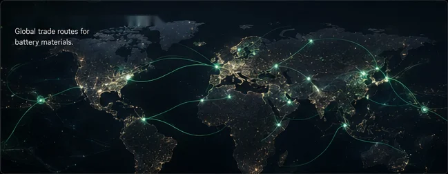 Night-lit world map with live trade routes for battery materials.
