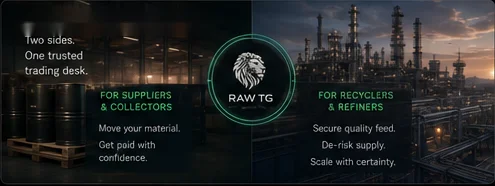 Two sides, one trusted desk: suppliers and collectors on one side, recyclers and refiners on the other, RAW TG between.