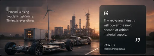 EV platforms and recycling infrastructure at dusk — demand rising, supply tightening.
